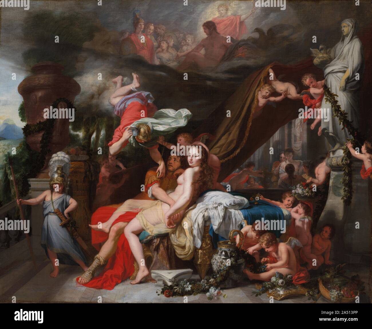 Hermes ordinazione di Calypso per rilasciare Odysseus, c. 1670. La dea greca Calypso tenutasi l'eroe Ulisse prigioniero per sette anni, impedendo il suo ritorno a casa dalla guerra di Troia. Nonostante Calypso&#x2019;s fascino e l'ambiente lussuoso, Odysseus tanto atteso per la sua casa e famiglia, così l'Olympian dèi infine ha permesso la sua libertà. Qui il dio Hermes piomba verso il basso per liberare da Odysseus Calypso&#x2019;s abbraccio. De Lairesse, conosciuto popolarmente come il "olandese Poussin", introdotto nei Paesi Bassi un classicizing stile influenzato dagli artisti dell'Accademia di Francia. Foto Stock