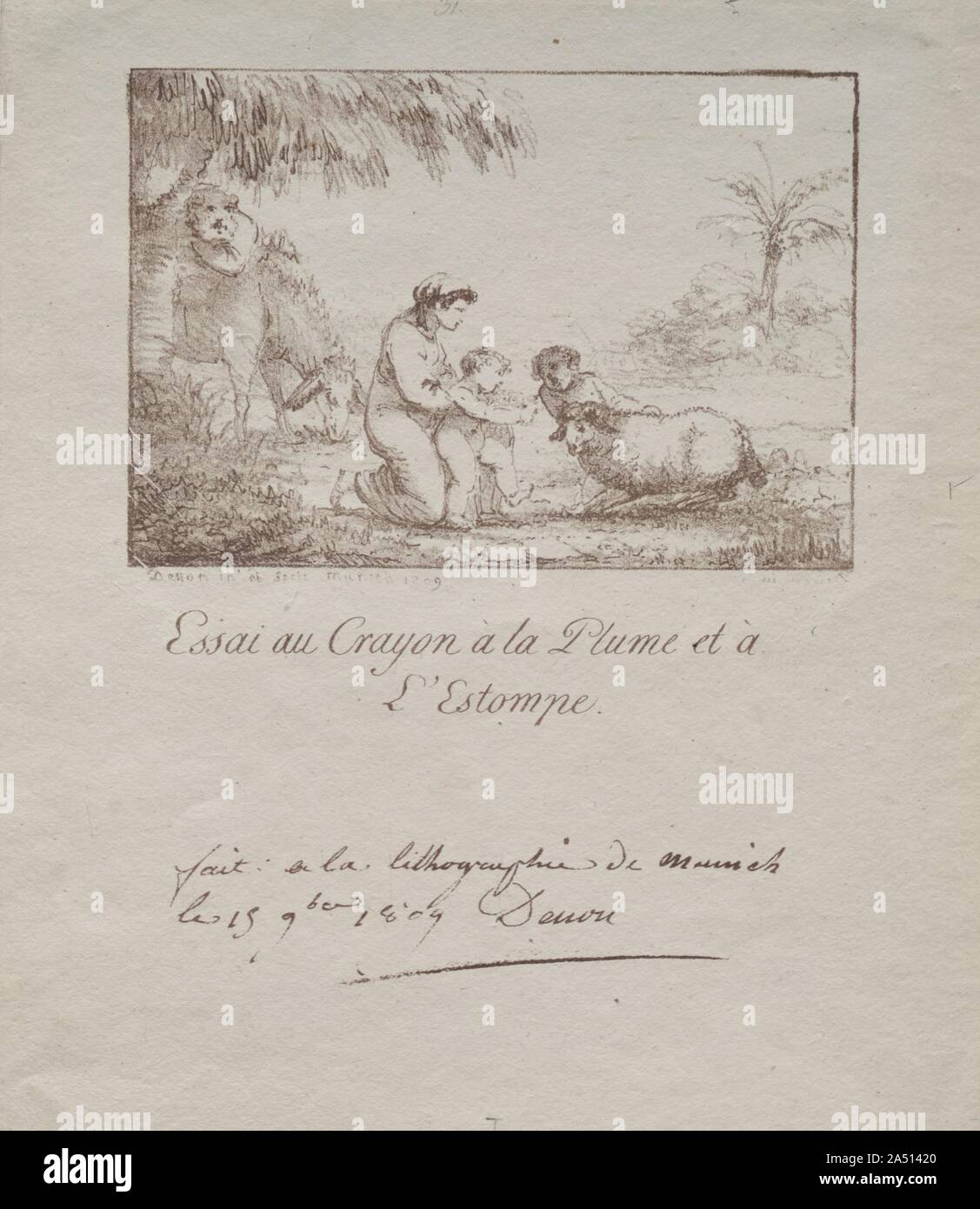 La Santa Famiglia in fuga in Egitto, 1809. La litografia è stato scoperto nel 1798 in Germania da Alois Senefelder (1771-1834), i cui sforzi per trovare un metodo economico per riprodurre il testo dei suoi giochi accidentalmente ha portato ad un nuovo e rivoluzionario metodo di stampa. Sebbene litografie sono state quasi immediatamente prodotta in Germania e in Inghilterra, gli artisti della Francia sono stati i primi ad apprezzare le potenzialità estetiche di questo più flessibile, reattivo e personal media. Nel 1806, uno di Napoleone Bonaparte, generali, Baron Lejeune, un pittore dilettante, è rimasto impressionato dalla tecnica mentre a Monaco di Baviera. Upo Foto Stock