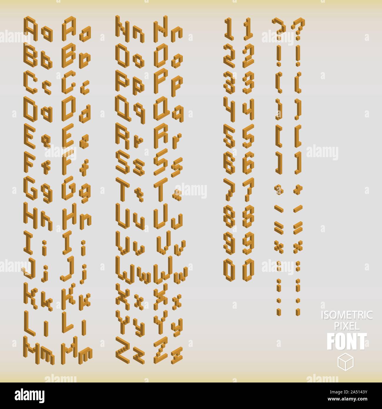 Insieme di pixel isometrico alfabeto e numeri di colore arancione. Illustrazione Vettoriale. Illustrazione Vettoriale