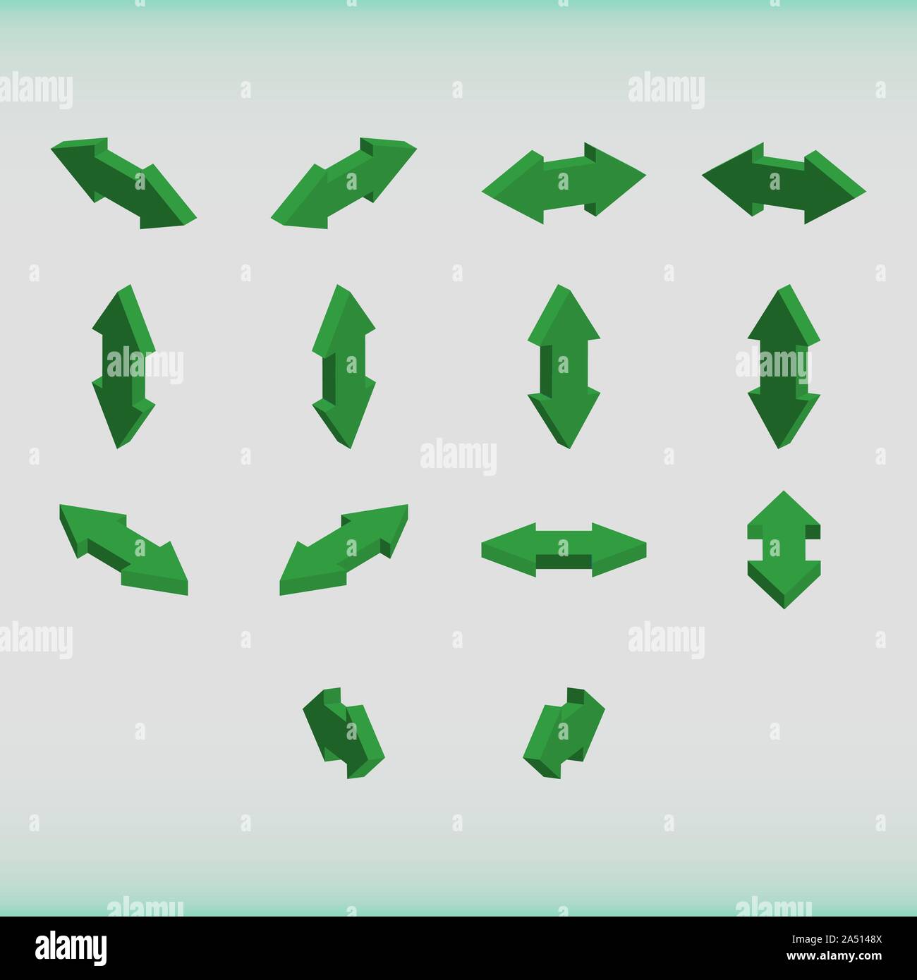 Serie di frecce isometrica di colore verde. Doppie frecce. Illustrazione Vettoriale. Illustrazione Vettoriale