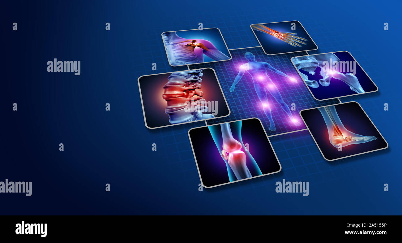 Corpo giunto di concetto di dolore come scheletro umano e muscolo anatomia del corpo con un gruppo di articolazioni doloranti come una dolorosa lesione o malattia di artrite. Foto Stock