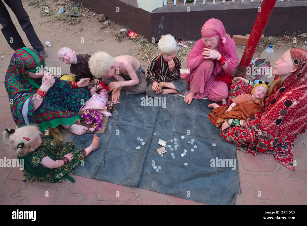 I membri di un indiano estesa famiglia Albini, albino le donne e i bimbi albini, richiedono donazioni in Udipi, Karnataka Foto Stock