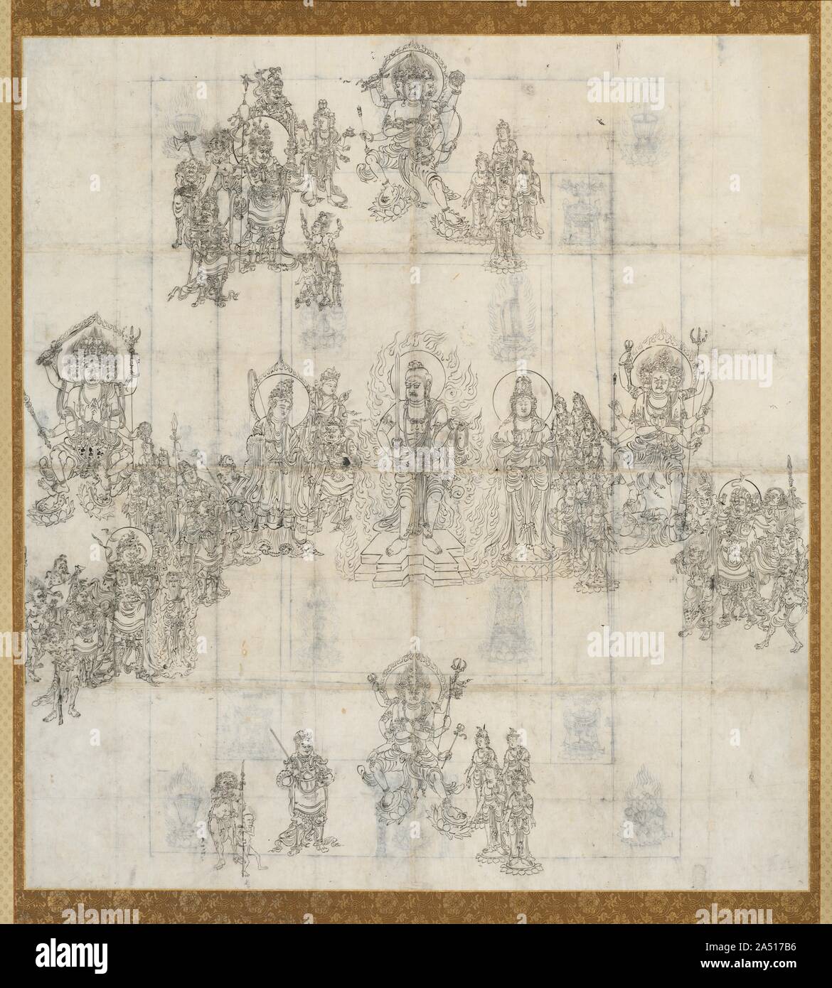 Schizzo iconografiche (Zuzo) per il benevolo Kings Sutra Mandala, 1100s. Il benevolo Il Sutra del re è stato un apprezzato sacre scritture buddista in Giappone in quanto il periodo Nara (710-794), quando ha cominciato ad essere recitato in una cerimonia per pregare per la pace e la protezione del paese. In 800s, il monaco Kukai portati indietro dalla Cina una nuova traduzione del testo come pure buddista schizzi iconografico per eseguire i rituali basati sul sutra. Cinque set di scorrimento di copie del bozzetto originale proposto da Kukai sono conservati in Daigoji Toji e templi a Kyoto. Questo disegno, che dispone di fig Foto Stock