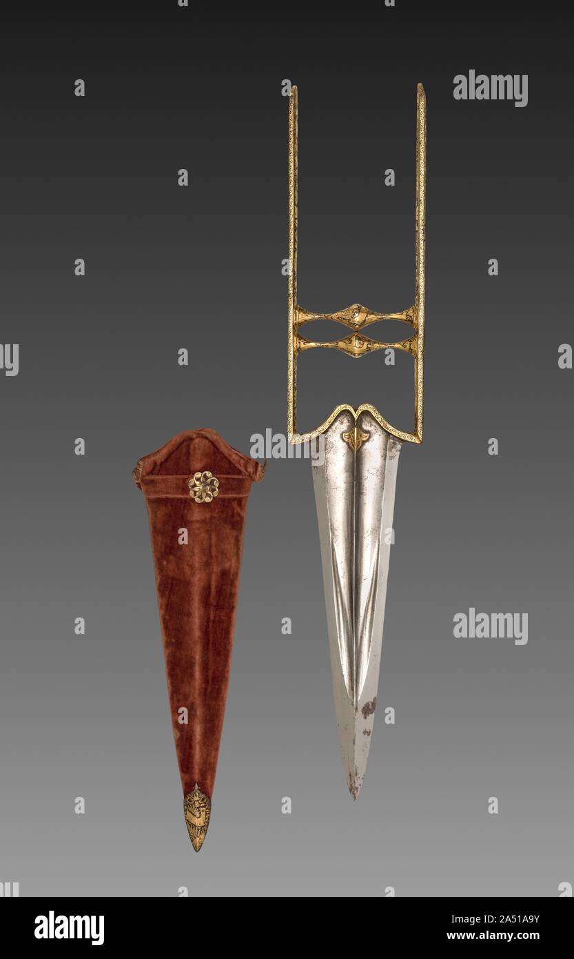 Katar pugnale, 1700s. Accoltellato pugnali chiamato katar erano distintiva per India e spesso indossati dai soldati e cortigiani, nascosto nel loro cinghie. Copertura di tutta la maniglia sono piccole scene di leoni e ghepardi a caccia di cervi e bufali di rocky impostazioni boscose. Foto Stock