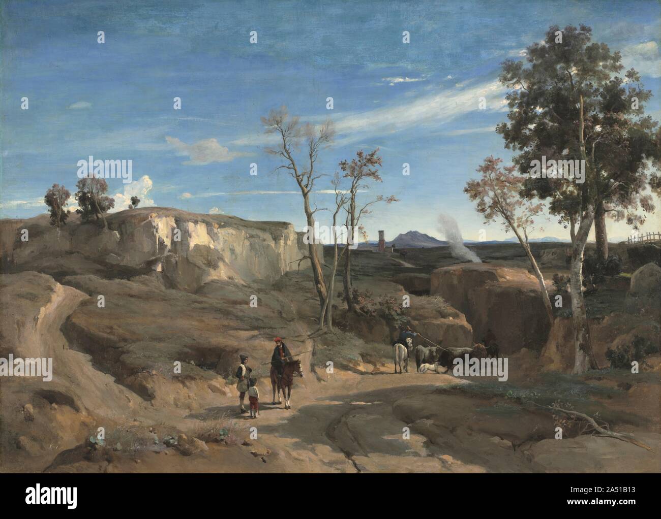 La Cervara, la Campagna Romana, c. 1830-31. Corot registrati forma e qualità tonale in outdoor disegni e schizzi di olio, quindi eseguito i suoi dipinti in studio. Attratti dalla bellezza della campagna italiana, egli ha spesso disegnò attorno a Roma, dove ha vissuto dal 1825 al 1828. Questo dipinto è altamente strutturato composizione, basati sui moduli di movimento nella distanza lungo una serie di diagonali, è caratteristica di Corot presto stile e ricorda i paesaggi classici di il pittore del XVII secolo Nicholas Poussin. Foto Stock