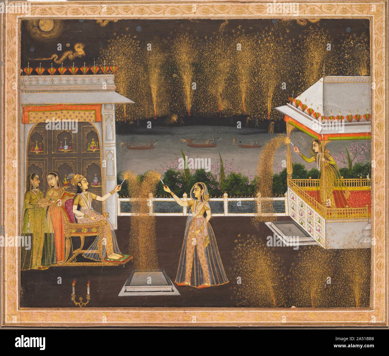 Onorevoli celebrare Diwali, c. 1760. Allineate lungo il cornicione, la sommità del traliccio di marmo della ringhiera e cerchi di barche sul fiume sono candele e di lampade a burro accesa nella celebrazione di un nuovo anno festival. Un nobile signora su una poltrona golden lights botti con i suoi amici. Lei e la donna prima di lei tenere due botti spento per il proseguimento della baldoria. Tre figure invisibili impostato su off botti in basso a destra. In barche e sul lontano shore uomini impostato su off botti sotto la luce dei fuochi d'artificio sotto la luna piena. Lo stile di questo dipinto è tipico della pittura di Mughal fr Foto Stock