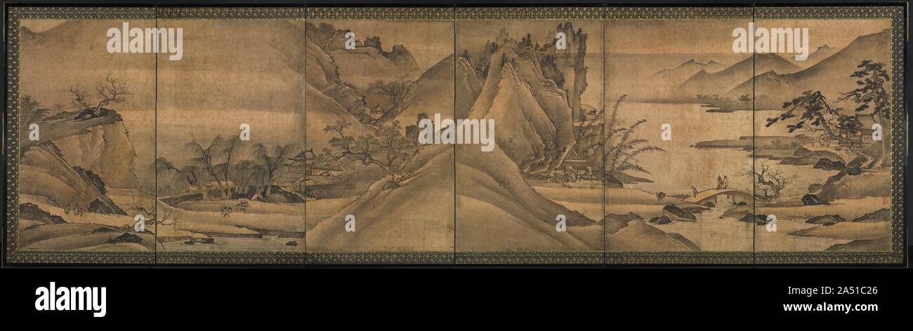 Paesaggio delle quattro stagioni, primi 1500s. Yi Sumun è un pittore coreano che si è trasferita in Giappone nel 1424 all'età di 20. Yi’s style rappresenta probabilmente la scuola Yuanti del royal court pittura durante il primo periodo di Ming. Questa coppia di schermi è l'artista’s più importante composizione in questo formato e di minori dimensioni in scala rispetto alla media dello schermo giapponese ( byobu ). Vista da destra a sinistra, le schermate mostrano il passaggio delle quattro stagioni, un tema popolare nel borgo medievale di inchiostro giapponese di pittura. Foto Stock
