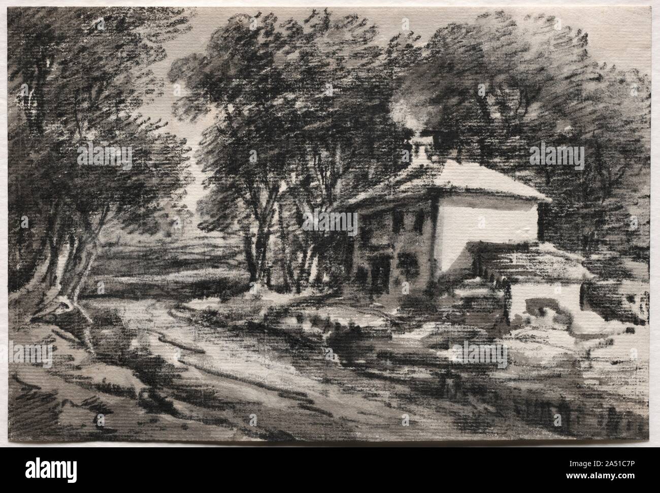 Paesaggio con Cottage (recto), c. 1820s. Il dottor Monro è meglio conosciuto come patrono che esercitò notevole influenza a Londra nel mondo dell arte nel XVIII e XIX secolo, ma fu anche un disegnatore dilettante e autorità seguace di Thomas Gaunsborough. Il medico&#x2019;s disegni sono stati monocromatica, realizzato a lavare con aggiunte di carbone, gesso, o india inchiostro in emulazione di Gainsborough&#x2019;s moody viste rurali. Sul tergo del disegno è una mise-en-page di caricature e una collina-forse bizzarramente disegnati da più artisti a uno del medico&#x2019;s saloni. Foto Stock