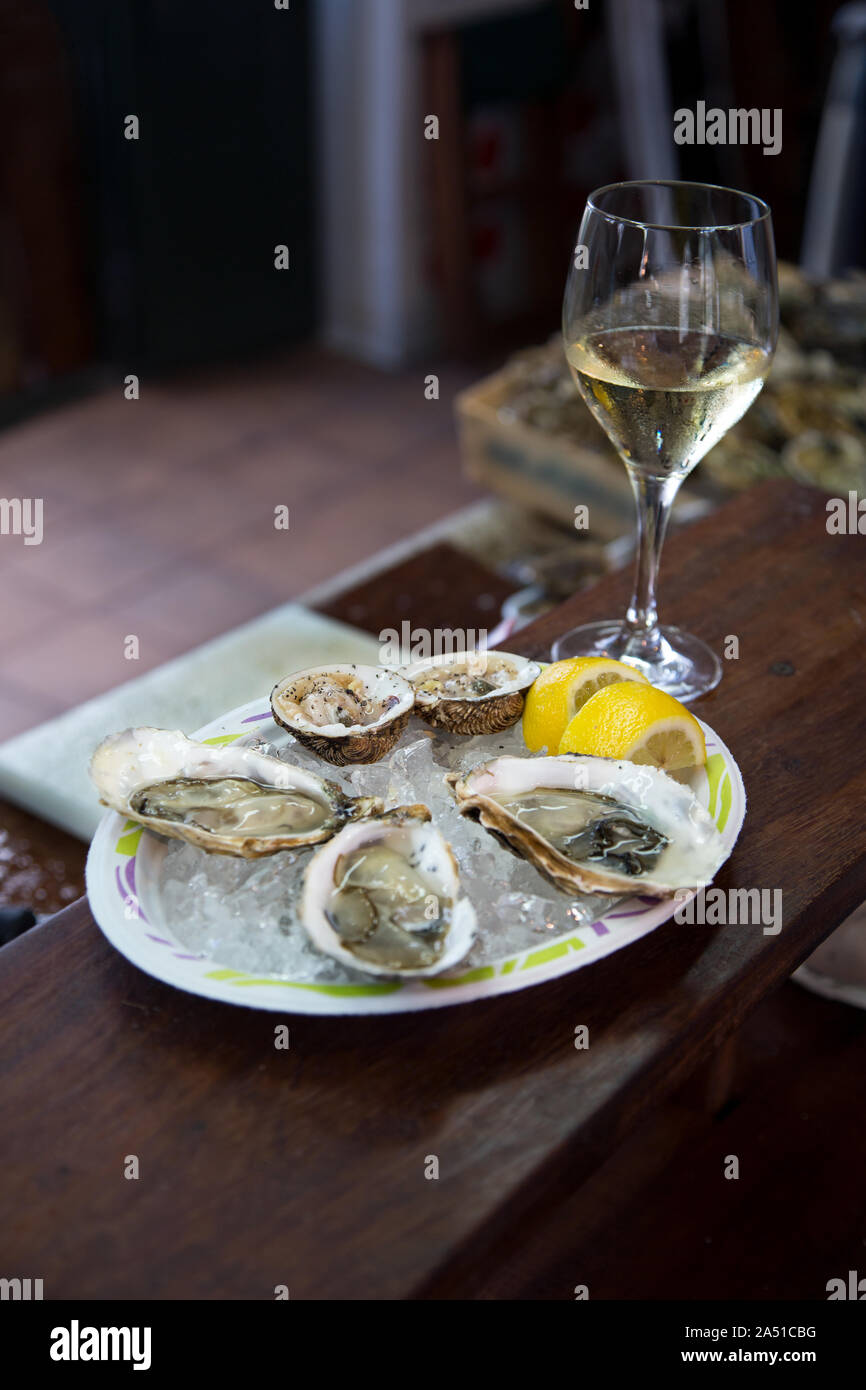 Ostriche servite su ghiaccio con il limone con un bicchiere di champagne o bianco / Vino spumante. Ostriche fresche piastra su un mercato del pesce. Foto Stock