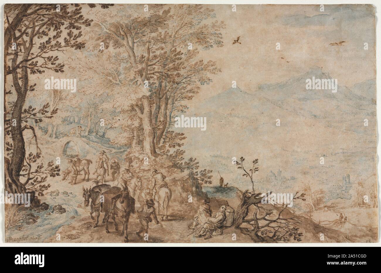 Paesaggio con i viaggiatori, 1605. Un figlio di Pieter Bruegel il Vecchio, Jan ha viaggiato in Italia nel 1590s e in seguito avuto una carriera di successo in Anversa, dove alla fine divenne pittore di corte agli Asburgo regents. Come un pittore, si è specializzato in floral nature morte e paesaggi, talvolta collaborando con il suo amico Peter Paul Rubens. I suoi disegni sono però quasi esclusivamente di paesaggi. Bruegel destinati a essere venduti come lavori indipendenti piuttosto che come studi preparatori per dipinti. La data di scadenza indicata nell'angolo in basso a sinistra di questo foglio può essere corretto, ma, insieme con il Foto Stock