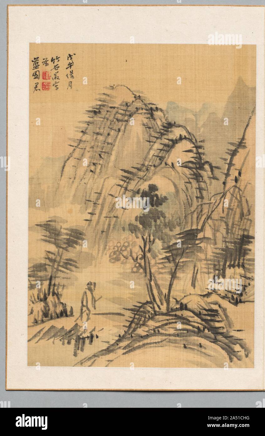 Paesaggio, 1798. Il Nanga, o "meridionale" Scuola di pittori del XVII e XVIII secolo in Giappone sono stati fortemente influenzata dalla cultura cinese. I temi e gli stili del loro lavoro riflette il moderno gusto giapponese per importare oggetti cinesi e dell'apprendimento. Una pratica comune tra i pittori Nanga era lo scambio di piccoli dipinti e calligraphies. Essi hanno anche celebrato particolari raduni di artista-amici tramite la produzione di singoli fogli che sono stati poi raccolti insieme in album. I fogli mostrato qui erano parte di un incontro del genere. Foto Stock