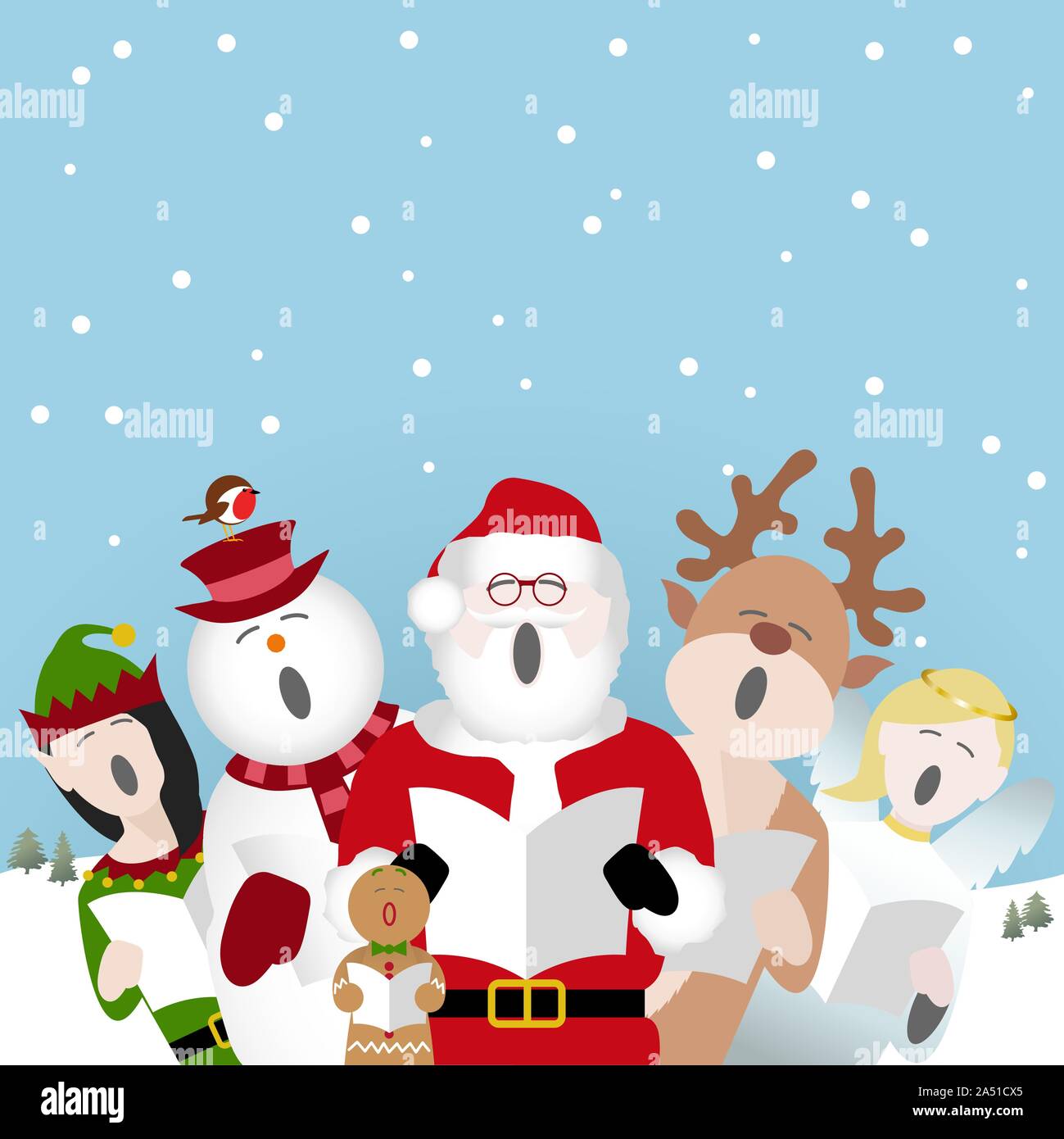 Pupazzo di neve, Babbo Natale, Gingerbread Man, renne, Elf e fiabesca personaggi a cantare i canti natalizi nella neve Illustrazione Vettoriale