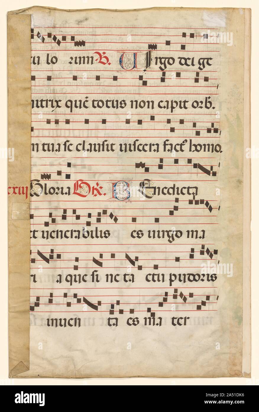 Foglie da un graduale con musica (verso), c. 1420-1450. All'interno della doppia curva della S è una scena che rappresenta la nascita della Vergine. La Vergine Madre del Saint Anne, occupa il letto del parto nella scena superiore. Di seguito, il neonato Maria è stata bagnata e avvolto in fasce. Nel manoscritto messali e le loro controparti musicale (la graduale), Messe votive sono generalmente assegnati uno per ogni giorno della settimana con il sabato è riservato per la beata Vergine. La Messa votiva alla Vergine varia da stagione a stagione. Tre Messe sono state pertanto fornito-uno per l Avvento, uno per essere u Foto Stock