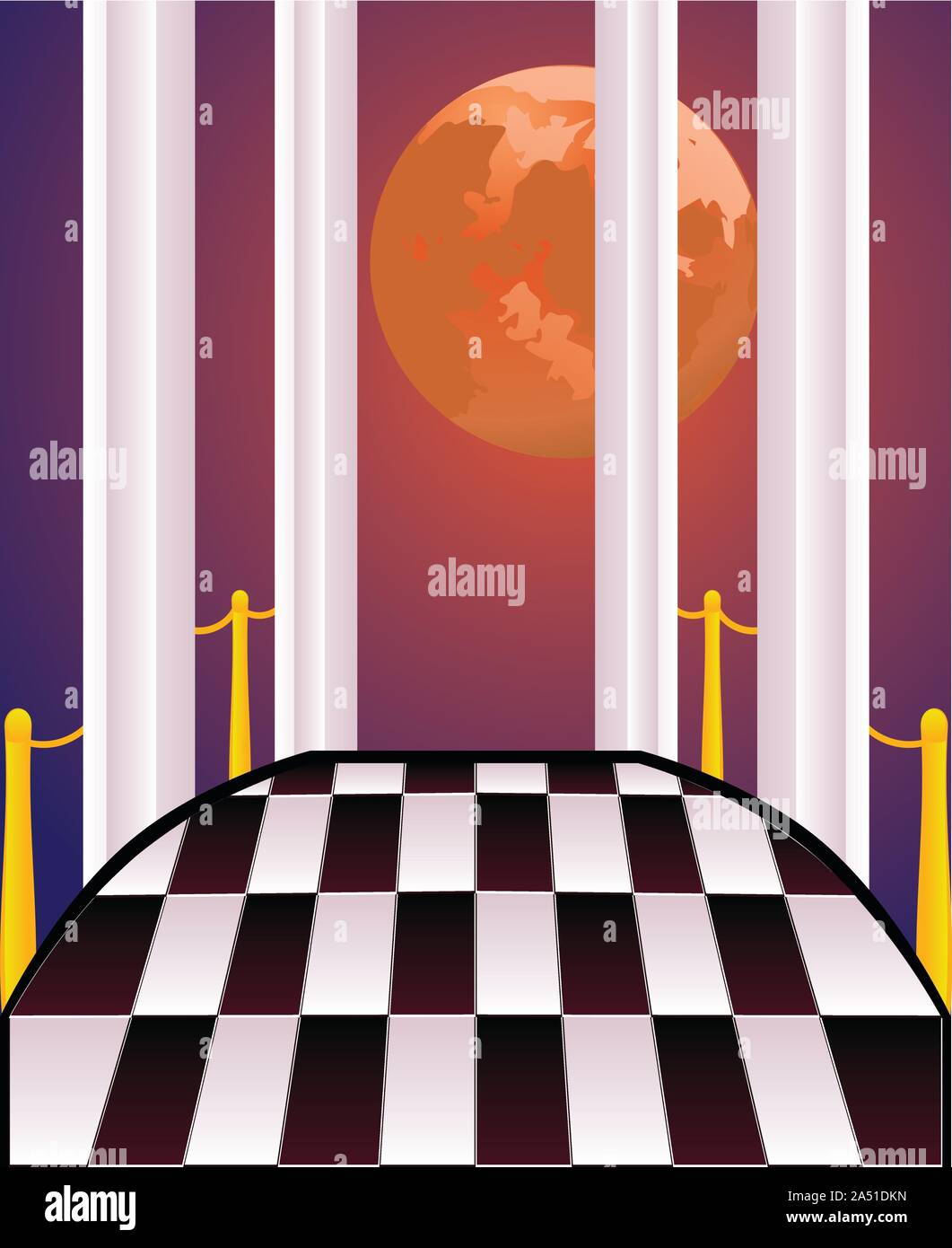 Abstract terrazza con pavimento a scacchi e colonne bianche. Illustrazione Vettoriale