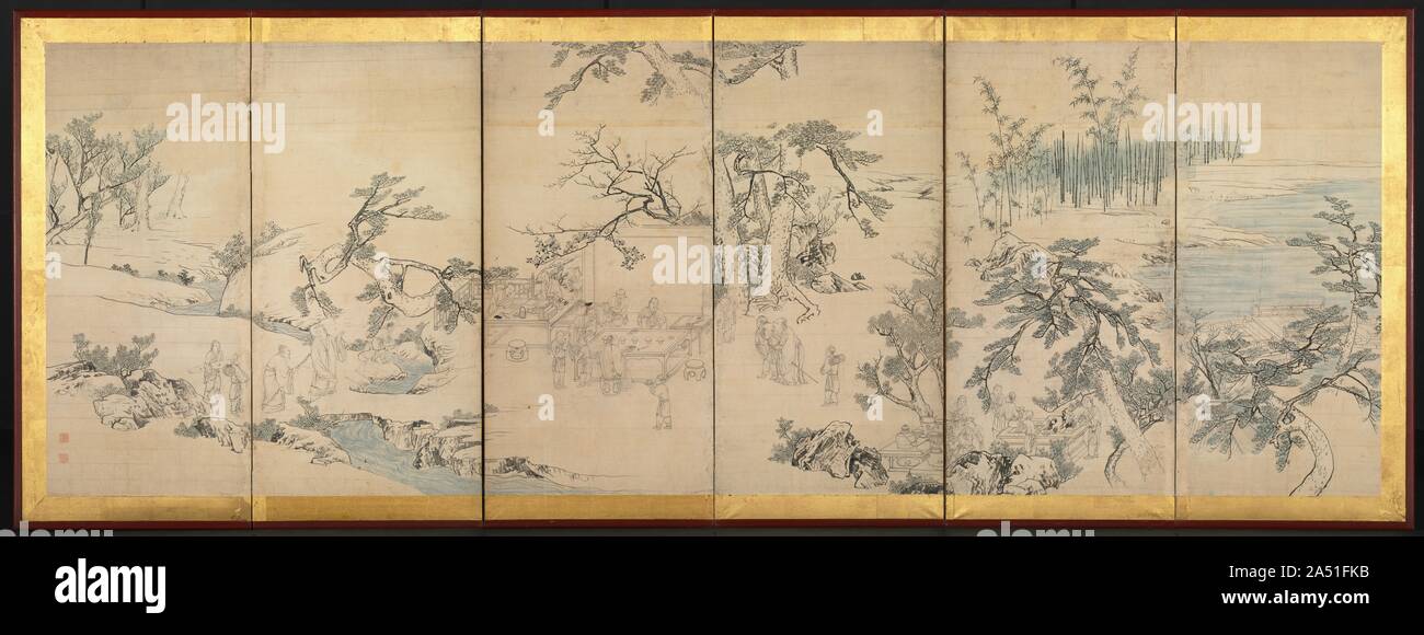 Raccolta letteraria nel Padiglione delle orchidee, tardi 1700s. Un allegro raduno dei poeti è stato uno dei più popolari temi di East Asian letterati dipinti. Raccolta letteraria nel Padiglione delle orchidee raffigura un poeti’ parte ospitati in ANNUNCIO 353 dal celebre Chinese calligrafo Wang Xizhi per celebrare la primavera Festival di purificazione, osservati ogni anno il terzo giorno del terzo mese. Wang ha invitato 41 studioso-poeti per comporre la poesia e bere mentre si è seduti lungo la riva di un rivolo di avvolgimento. Questa schermata sarebbe apparso sulla sinistra e mostra i preparativi per la raccolta. Il perso il diritto s Foto Stock