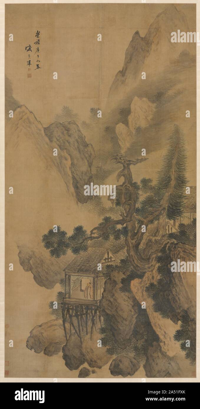 Rifugio solitario che si affaccia su una valle Misty, 1630. Foto Stock