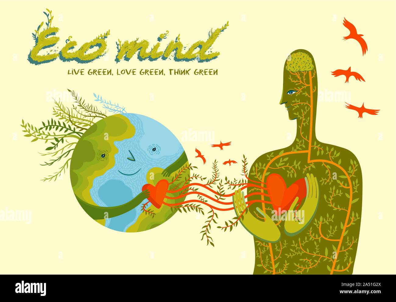 Vivere Verde, amore verde, pensare verde. Concettuale illustrazione vettoriale sull ambiente ed ecologico della mente umana. Uomo in amore con il pianeta Terra. Illustrazione Vettoriale