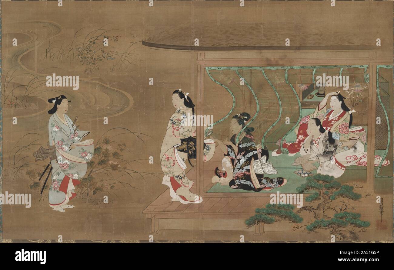 Amante di visita, 1680-1730. Questa celebre opera di Tamura Suio è stata acquisita da Osaka in 1976, donati al Museo nel 1985, ed è stato incluso nel 1998 mostra i punti salienti della pittura asiatica al Nara Museo Nazionale e la Suntory Museum of Art in Giappone. Esso raffigura quattro donne di moda al tempo libero che sono interrotto dall arrivo di un giovane uomo, l'amante di una delle donne. Ex direttore Sherman Lee rimarcato il disegno illustrativo di tali dipinti di belle donne, spiegando che "la collocazione delle figure e le loro interrelazioni, psicologica ed estetica, sho Foto Stock