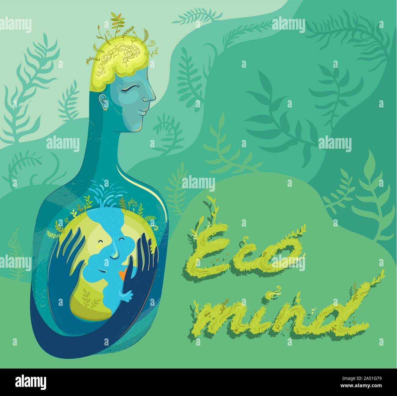 Vivere Verde, amore verde, pensare verde. Concettuale illustrazione vettoriale sull ambiente ed ecologico della mente umana. Uomo ama e si preoccupa per il pianeta Illustrazione Vettoriale