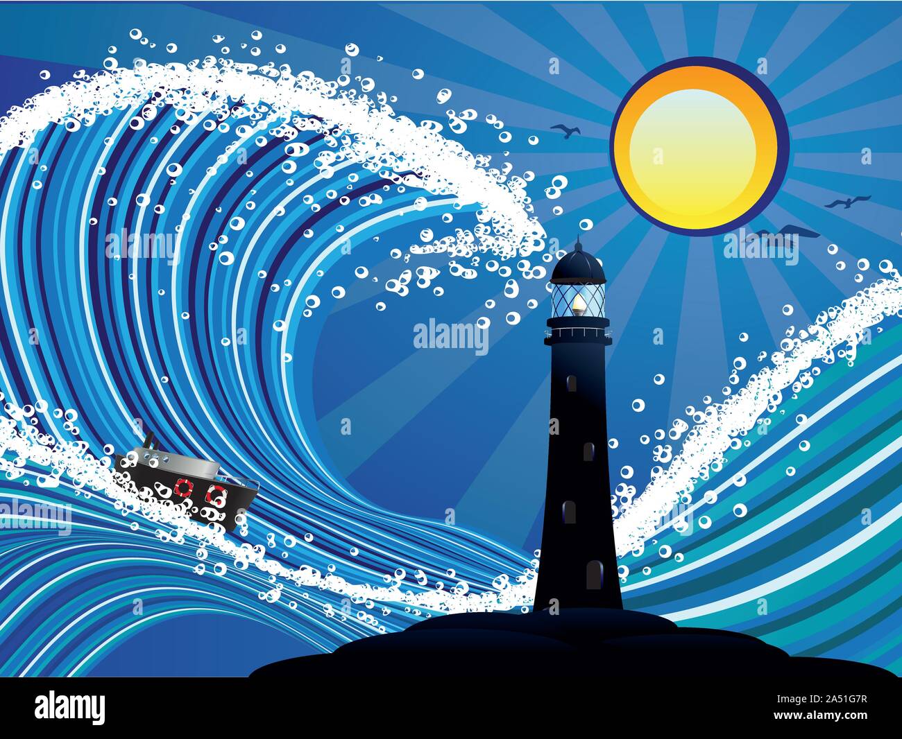 In barca a vela e il faro in stilizzato blu mare tempestoso. Illustrazione Vettoriale
