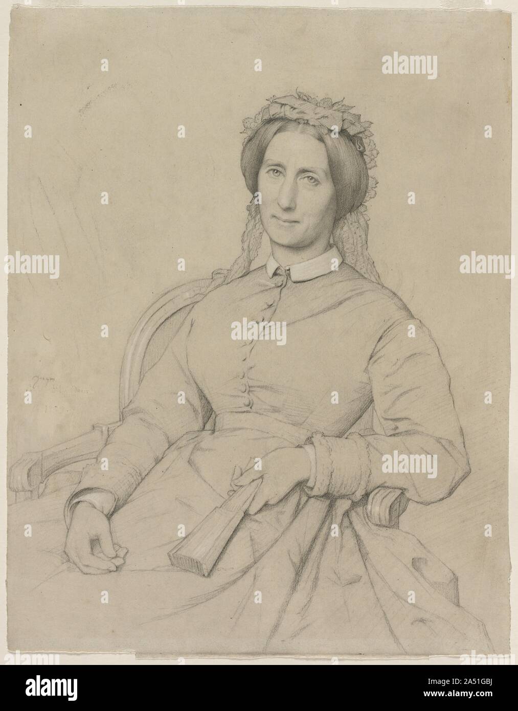 Madame Hippolyte Flandrin (Aim&#xe9;e Ancelot), 1869. Paul Flandrin ha richiamato questo preciso ritratto di grafite di suo fratello Hippolyte, vedova, Aim&#xe9;e Ancelot, pochi anni dopo Hippolyte la morte. Il Flandrin fratelli erano entrambi allievi del pittore Jean-Auguste-Dominique Ingres (1780-1867), che era noto per il suo molto preciso e tecnicamente compiuta ritratti di grafite. Infatti, a un certo punto una firma falsa di Ingres il nome è stato aggiunto il disegno del lato di sinistra, dove è ancora visibile. Paolo del fratello, Hippolyte, è rappresentato in mostra da un studio di grafite effettuate in prepara Foto Stock