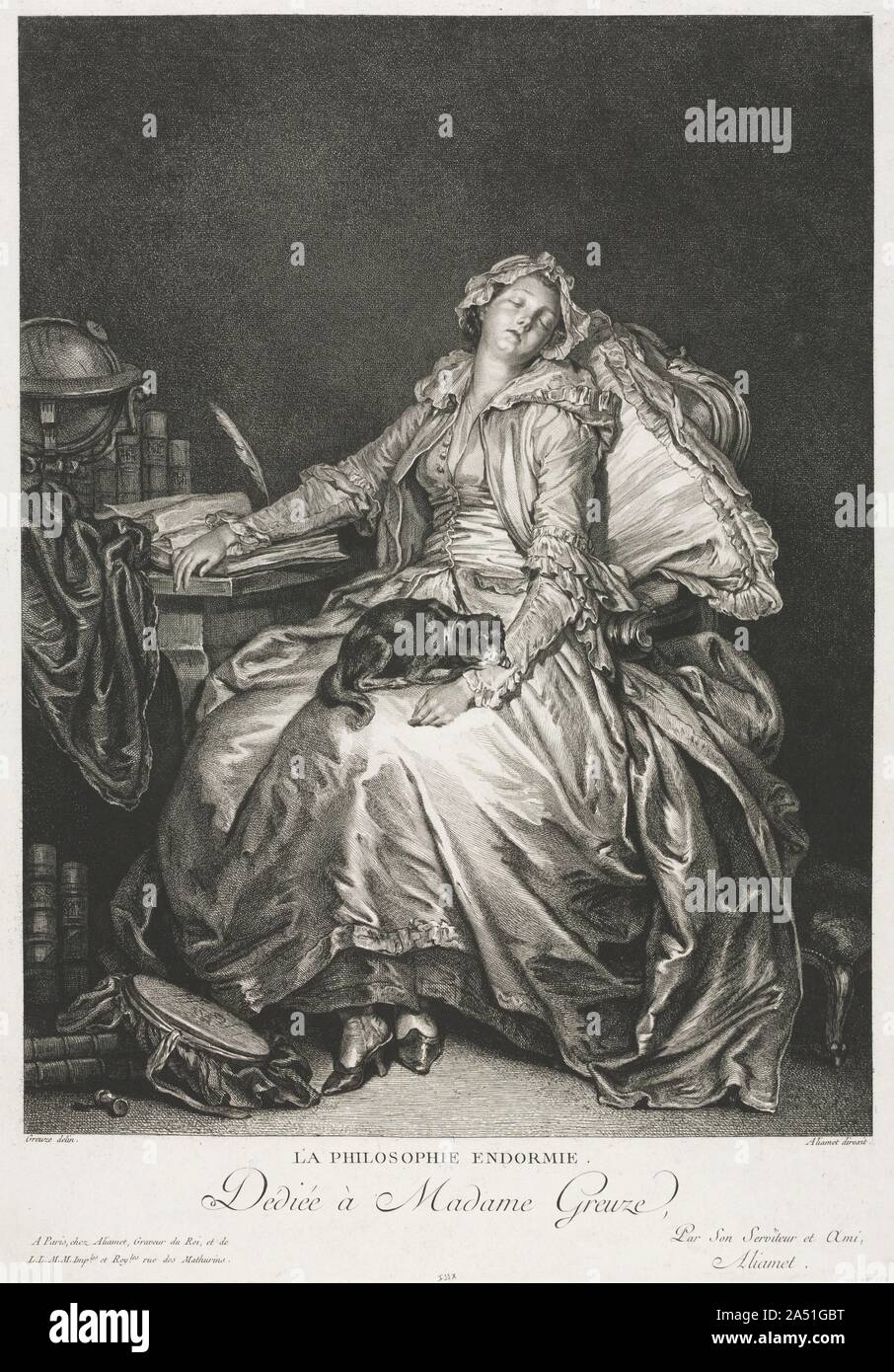 Madame Greuze addormentato, 1776. Presentato come una figura allegorica della filosofia, una donna sonnecchia tra il tradizionale armamentario di uno studioso&#x2019;s studio: una scrivania con penna in piuma, pile di libri e un globo celeste. Il modello è stato Anne-Gabrielle Babuti, moglie di Jean-Baptiste Greuze, che ha preparato il disegno originale di Moreau per replicare. Contratti con printmakers mostrano che Anne-Gabrielle ha partecipato attivamente alla produzione di suo marito&#x2019;s lavorare per il mercato della stampa. Sebbene ella appare qui mite, Anne-Gabrielle avevano la reputazione di essere avidi e promiscua. Greuz Foto Stock