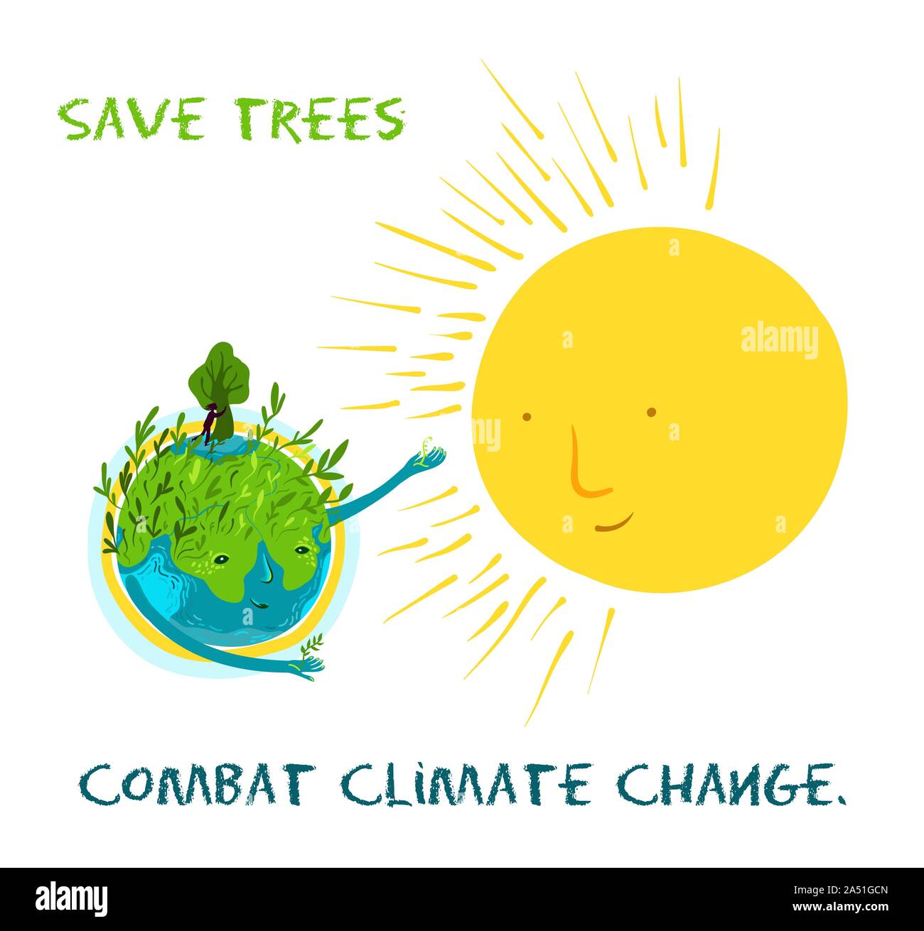Salva gli alberi, la lotta contro il cambiamento climatico. Vettore illustrazione ecologico circa la conservazione di alberi e piante sul pianeta Terra. Simpatico personaggio, conceptu Illustrazione Vettoriale