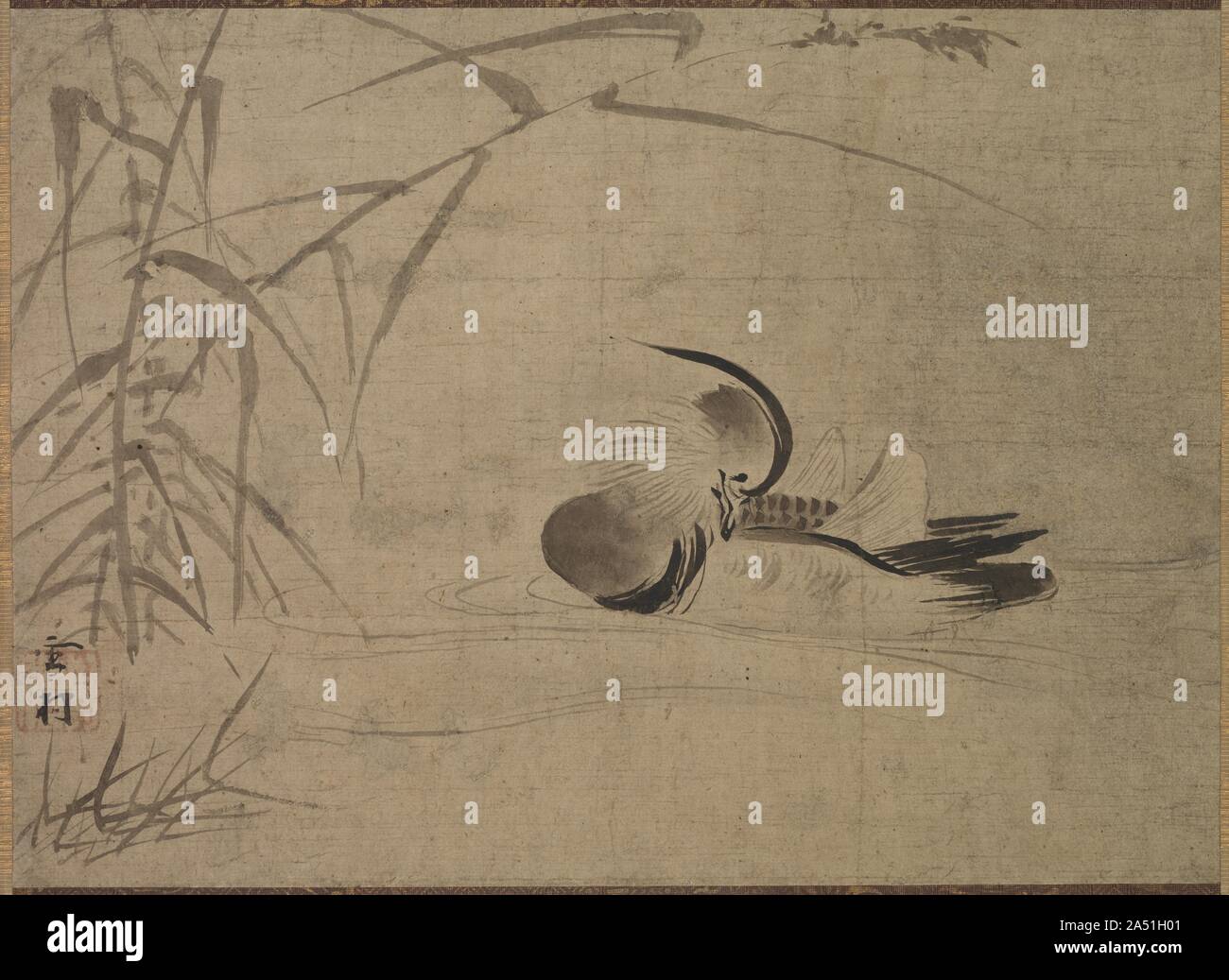 Anatra di mandarino, 1500s. In questo dipinto, l'artista raffigurata una scena di un anatra solitaria flottante tramite pettini in una delicata disposizione di secco e umido, inchiostro chiaro e scuro toni che convoglia la tranquillità del momento. Foto Stock