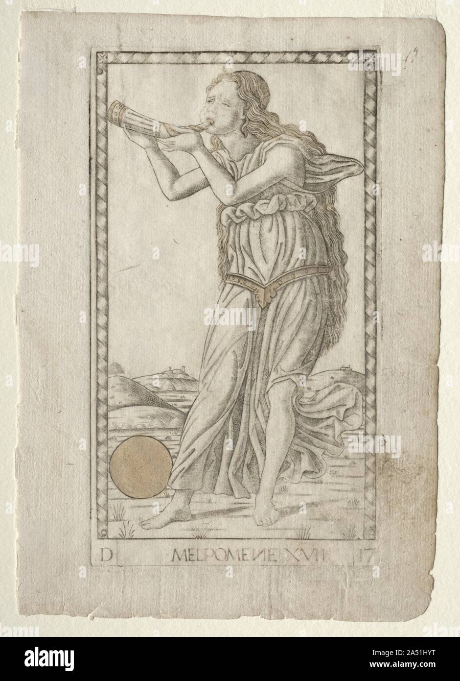 Melpomene : (dramma) (dalla serie dei Tarocchi D: Apollo e le Muse, #17), prima di 1467. Nella mitologia greca, le Muse erano dee che ha presieduto diversi rami delle arti e delle scienze. Erano le nove figlie di Zeus, re degli dei e Mnemosyne, la dea della memoria. Apollo, dio della luce, musica, profezia e poesia era il loro leader. Foto Stock