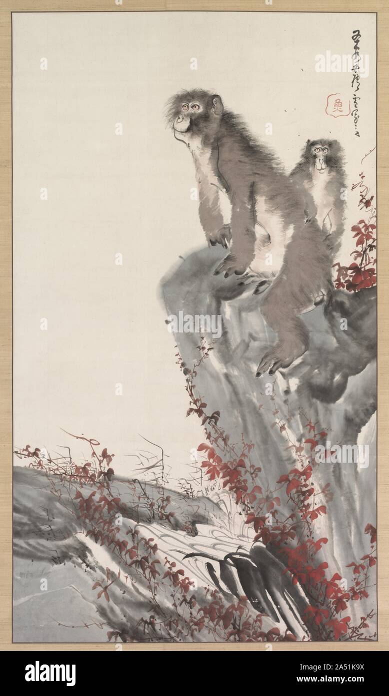 Le scimmie da un flusso, mid-1800s. Considerati protettivi delle divinità nella religione scintoista, scimmie sono stati in primo luogo illustrato nella narrativa giapponese dipinti di scorrimento durante il XII e il XIII secolo. Scimmie che si trovano nelle zone di montagna e zone boschive del Giappone, divenne un soggetto preferito di molti più tardi gli artisti giapponesi, compresi Rosetsu. In questo dipinto le scimmie visualizzare qualità umane, specialmente la curiosità. Una scimmia guarda direttamente fuori della pittura verso il visualizzatore; l'altra prevede qualcosa in distanza. Foto Stock