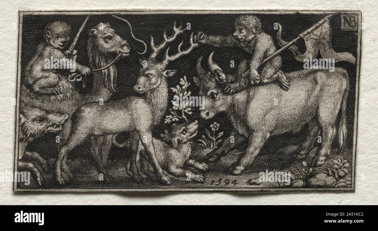 Le scimmie a dorso di un cammello e un toro, 1594. Foto Stock