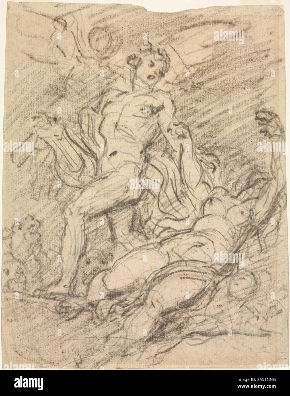 Orfeo e Euridice (recto) , c. 1761. Quick disegni potrebbe servire una varietà di scopi e non sempre è chiaro il motivo per cui oggi un artista ha creato un particolare disegno. Questo si può registrare un dipinto Fragonard visto durante un viaggio in Italia o per catturare un'idea fu preso in considerazione per una pittura di propria. Orpheus, identificato con il liuto, afferra per il suo amore Euridice come ella è tirato giù nell'Ade. Il ululano animali vicino ai suoi piedi possono rappresentare Cerberus, il multiheaded cane da guardia degli inferi. Foto Stock