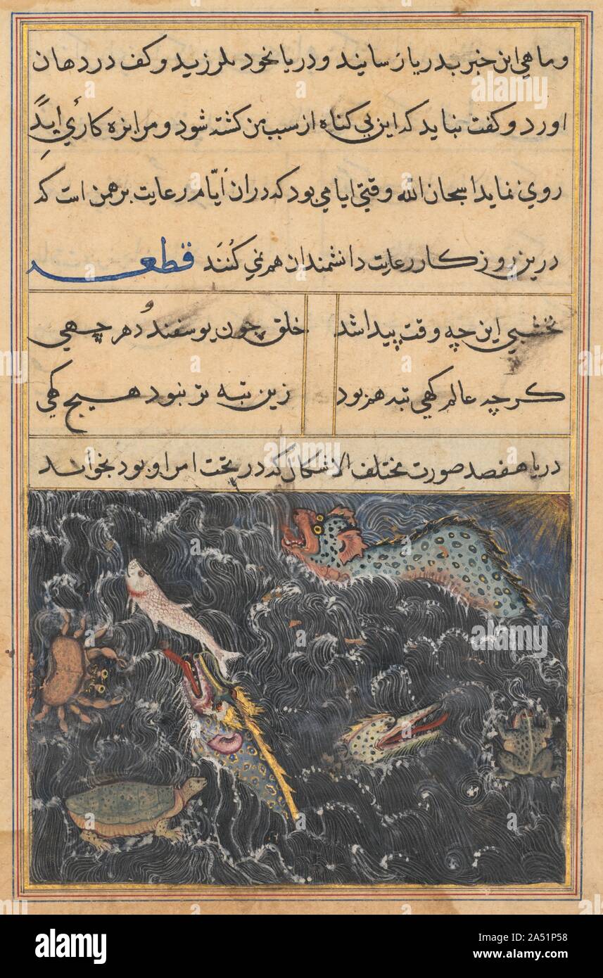 Pagina da racconti di un pappagallo (Tuti-nama): undicesima notte: Le creature del mare sono chiesto dal re dell'oceano per prendere un messaggio per il Brahman, c. 1560. Foto Stock