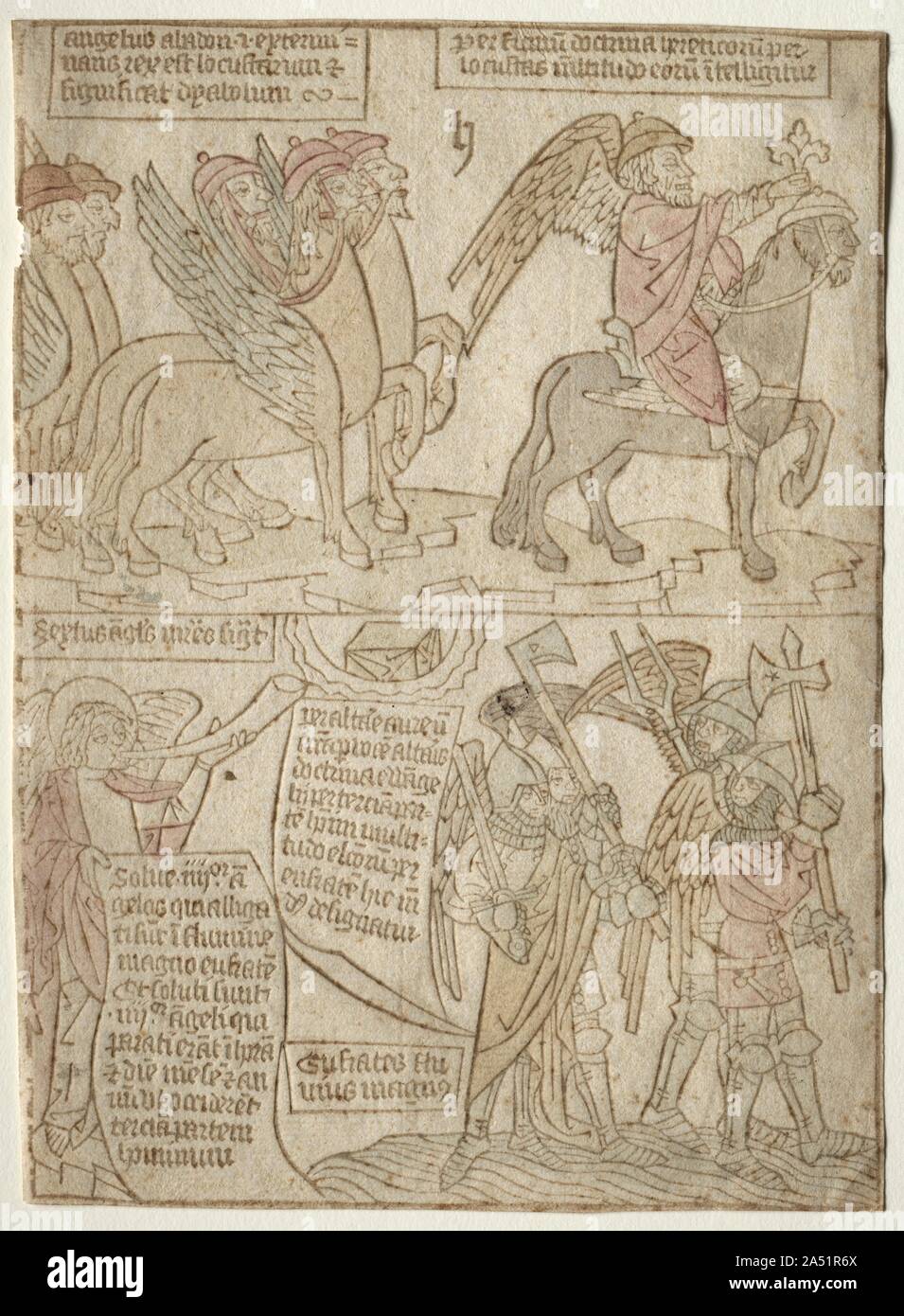 Pagina dall'Apocalisse (Le cavallette con l'angelo dell'abisso e la sesta  tromba), 1400s Foto stock - Alamy