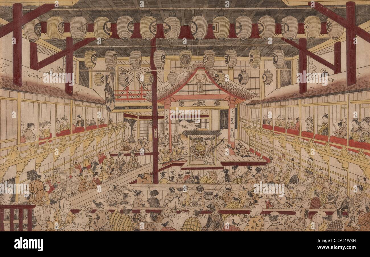 Vista prospettica dell'interno del Teatro Nakamura con Ichikawa Ebizo II come Yanone Goro, 1740. La stampa mostra il tipico interno di un teatro Kabuki. La tappa è stata collegata al pubblico con la hanamichi , la rampa o pista che si estende dal palcoscenico alla parte posteriore del teatro oltre che gli attori avrebbero puntone in ruoli drammatici. Patroni spesso siamo stati tutto il giorno per i giochi. A differenza di tranquillo il pubblico occidentale, Kabuki fan sono stati grintosa, comprare generi alimentari da fornitori e anche gridare lodi a loro attori preferiti come sono venuti sul palco. Nel 1734, il primo del manuale giapponese sul pers Foto Stock