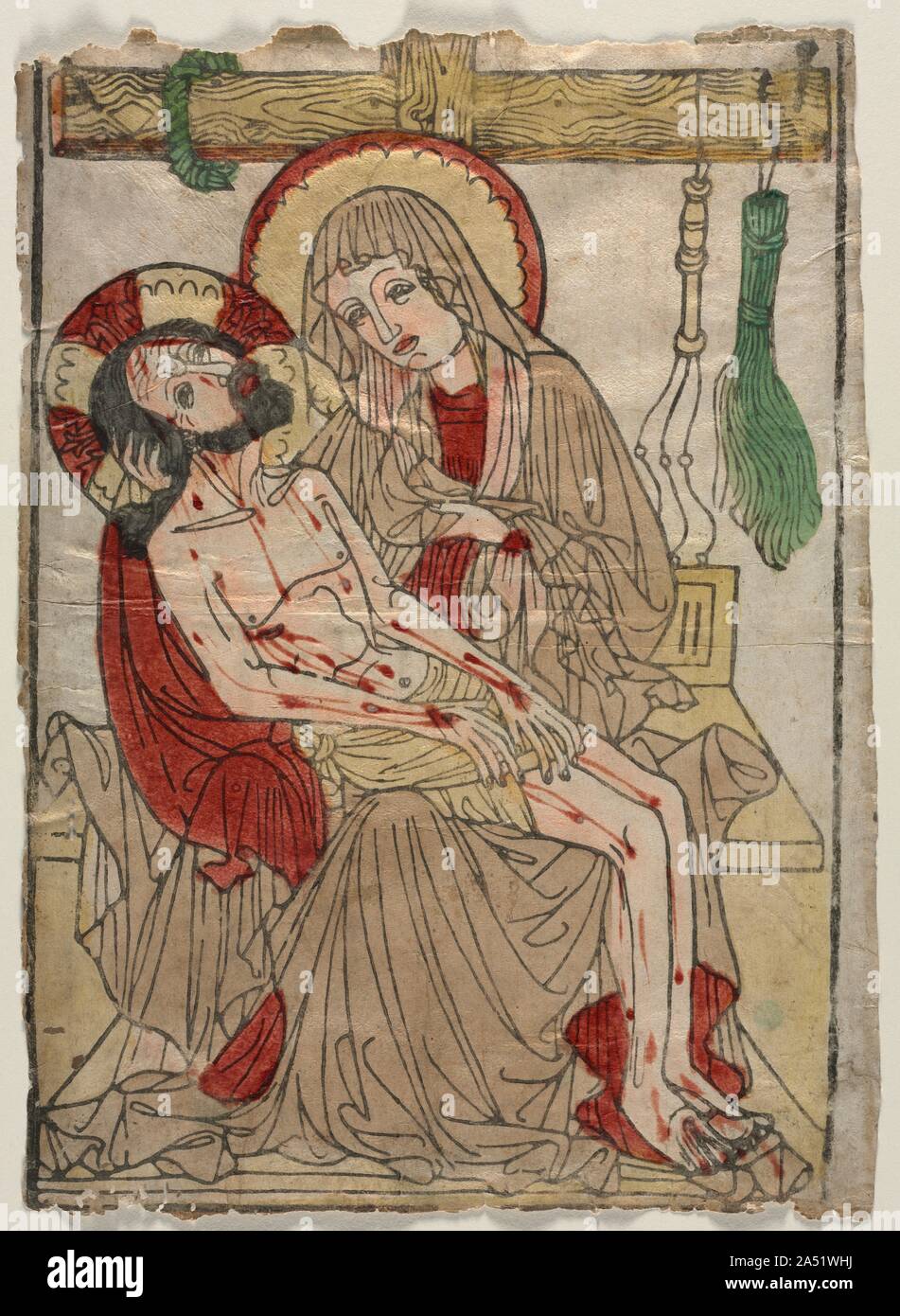 Pietà, c. 1460. Inizio xilografie di solito illustrano temi religiosi per la edificazione spirituale di un gran parte analfabeti pubblico. Prodotto da artigiani anonimi, queste semplici immagini dirette facilitato un dialogo intimo fra il singolo e la santa figura rappresentata. Questo pietà fu probabilmente ispirato dalle sculture del soggetto, comune in Germania. Stampata su un foglio di carta, l'immagine è stata colorata a mano con acquarello. I residui di colla sul tergo e fori causati da insetti suggeriscono che esso era stato incollato all'interno della copertina di un libro che lo conservò. Ci sono onl Foto Stock Pietà, c. 1460. Inizio xilografie di solito illustrano temi religiosi per la edificazione spirituale di un gran parte analfabeti pubblico. Prodotto da artigiani anonimi, queste semplici immagini dirette facilitato un dialogo intimo fra il singolo e la santa figura rappresentata. Questo pietà fu probabilmente ispirato dalle sculture del soggetto, comune in Germania. Stampata su un foglio di carta, l'immagine è stata colorata a mano con acquarello. I residui di colla sul tergo e fori causati da insetti suggeriscono che esso era stato incollato all'interno della copertina di un libro che lo conservò. Ci sono onl Foto Stock