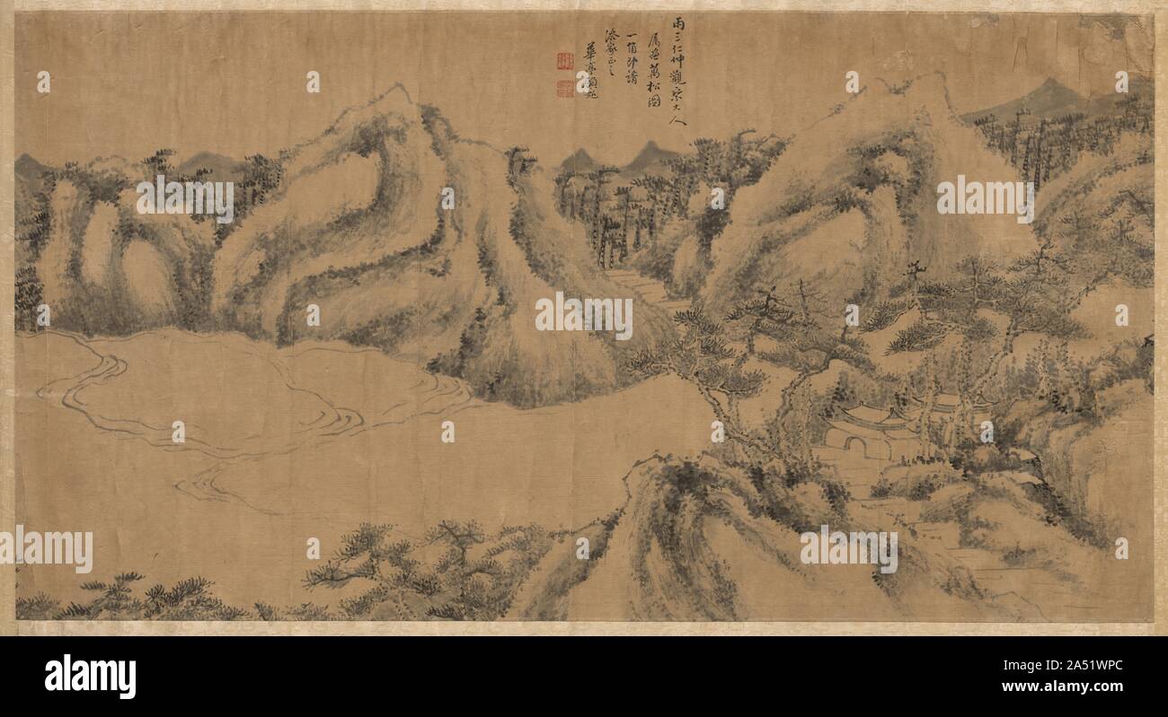 Pino-monastero ombreggiato su una montagna nuvoloso, tardi 1700s. Foto Stock