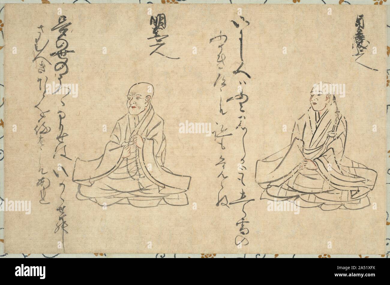 Gli immortali poetica del clero buddista (Shakkyo Kasen emaki), 1300s-1400s. Handscrolls raffiguranti illustri poeti e le loro poesie è un classico della pittura giapponese di genere. Questo frammento è la fine di una rotellina di scorrimento, l'inizio del quale sopravvive nel Museo Nazionale di Tokyo. Esso ha una prefazione affermando che è basato su una selezione di 36 monaci abbinato con il loro waka (31-sillaba poesie) realizzato da Eikai (1278-1347) dal tempio Kashuji nell'anno della sua morte. Questi due ritratti sono di Jokei (1155-1212) e Myoe (1173-1232), a destra e a sinistra rispettivamente. Foto Stock