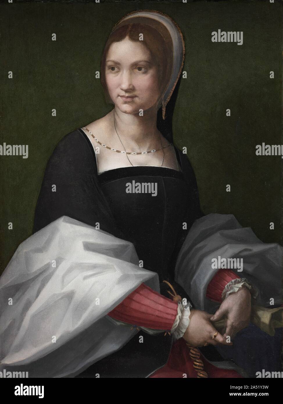 Ritratto di una donna, c. 1518. Re Francesco I&#x2019;s profondo interesse nel Rinascimento italiano cultura si è manifestata non solo attraverso l'acquisizione di importanti opere d'arte ma anche portando principali architetti, studiosi e artisti a Parigi. Capo tra queste figure è stato il pittore fiorentino Andrea del Sarto. Il sitter&#x2019;s distintivamente cappa francese e velo nero suggeriscono che qualcuno talentuoso strettamente connesso all'artista dipinse questo lavoro durante il suo breve tempo in Francia. Foto Stock