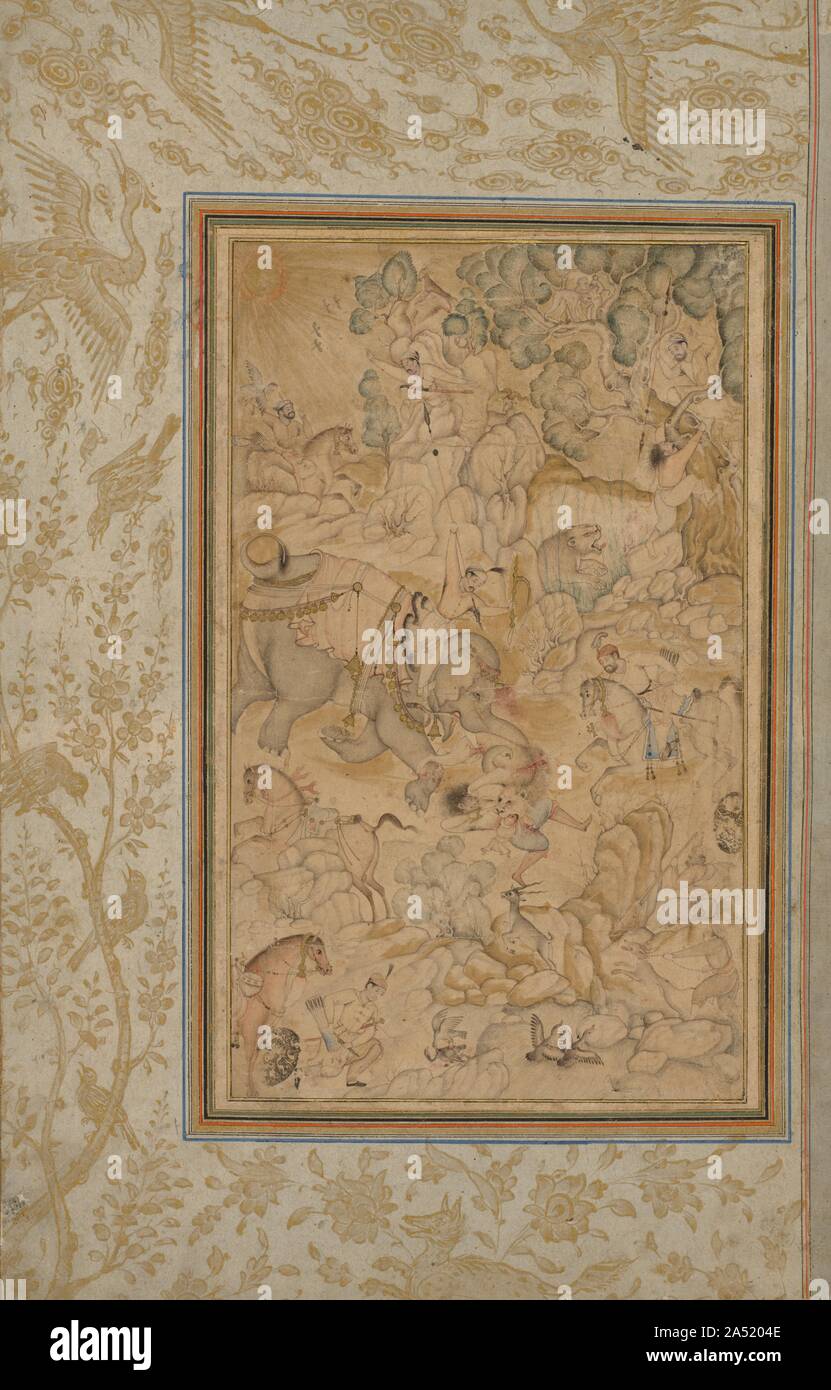 Princes caccia in un paesaggio roccioso, c. 1580-85; confina aggiunto c. 1700s. Il subì tavolozza di questo disegno oscurata smentisce le terribili eventi della scena. Un gruppo di nobili Mughal fuori la caccia con i falchi ha opportunità su due leoni nel deserto e uno degli uomini è stato attaccato. La figura barbuta con il falco in alto a sinistra e la huntsman circa per recuperare un anatra catturato da uno dei falchi addestrati in basso a sinistra sono una reminiscenza del lavoro precedente, la caccia con i falchi in un paesaggio dipinto da un artista persiano, sul display in questa galleria a destra. Dal momento che questa vernice Foto Stock