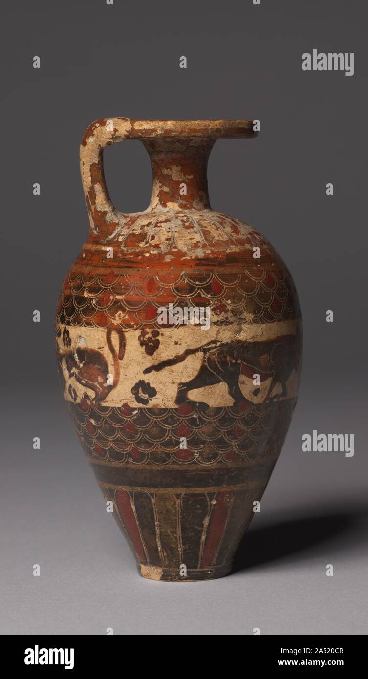 Aryballos Protocorinthian (olio pallone), c. 650-640 A.C. Ceramiche corinzie durante secoli VIII e VII A.C. fu come popolare un export commodity come ware micenea era parecchi secoli prima. Design Protocorinthian era molto finemente disegnato in uno stile miniatore. L'uso di fregi animale mostra nei pressi di influenze Orientali. Foto Stock