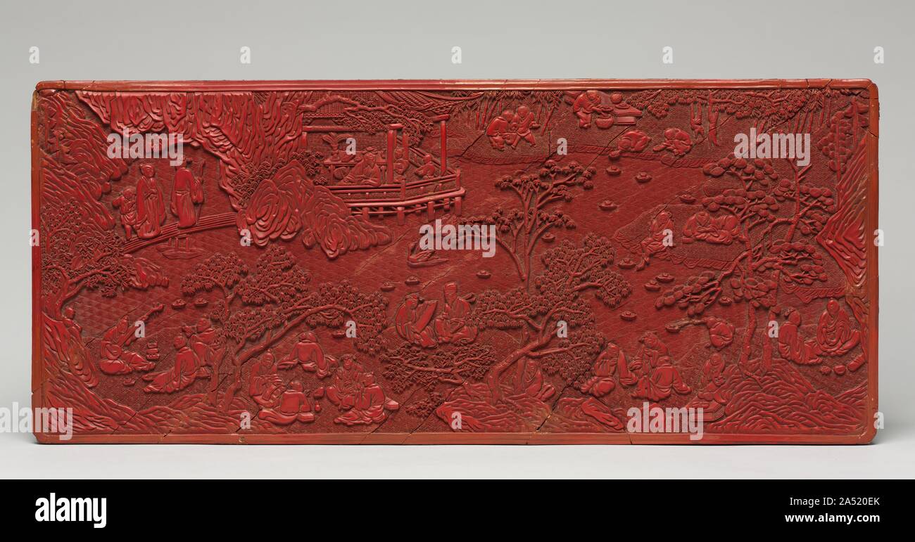 La purificazione presso il padiglione di Orchard, c. 1500. La purificazione di primavera festival è celebrato all'aperto presso il Waterside e spesso include un picnic. Questo finemente scolpiti pannello lacca raffigura l'evento storico della purificazione di primavera Festival presso il padiglione delle orchidee nell'anno ANNUNCIO 353. La raccolta presso il padiglione delle orchidee è uno dei più popolari temi in arte cinese, riconoscibile dagli studiosi seduti lungo un torrente di avvolgimento su cui bicchieri di vino sono state impostate a galla. Foto Stock