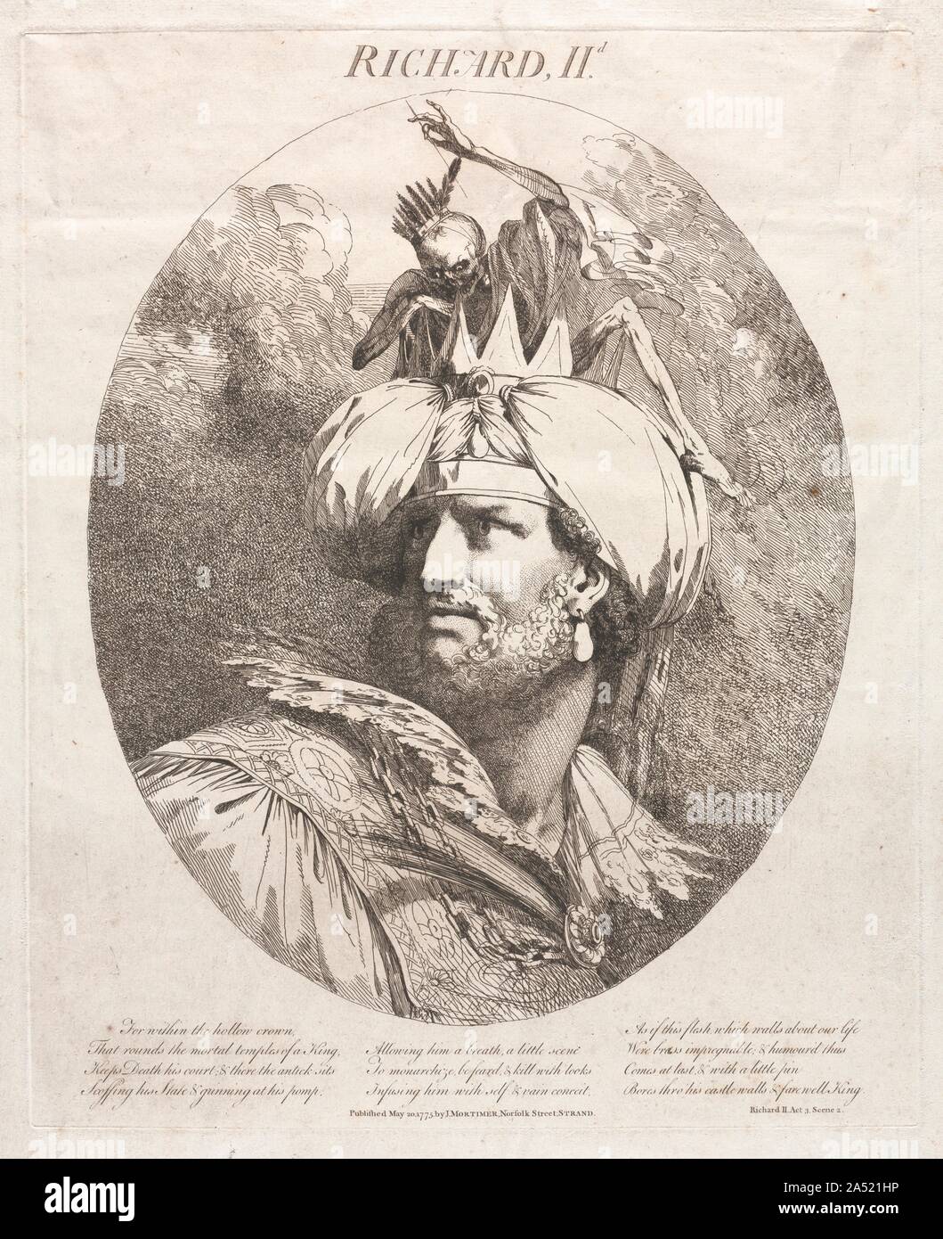 Richard II, 1775. John Hamilton Mortimer sostenuto la prevalente dottrina accademica che trova la storia della pittura in cima alla gerarchia di argomento. A differenza di molti suoi contemporanei, tuttavia, si è rivolta ai grandi temi della letteratura inglese per i temi. Dal 1775 al 1776, Mortimer prodotto acqueforti di dodici caratteri shakespeariano, tra cui il Re Lear, Ofelia e Caliban. In questa composizione drammatica, la figura dello scheletro della morte di telai sopra la tesa re Richard II. Questo raro firmato la prova è un meraviglioso esempio di Mortimer la romantica sensibilità. Dal momento che egli è stato twent Foto Stock