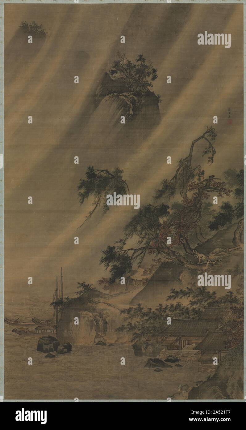 Il villaggio di fiume in un temporale, c. 1480-1507. Su questa vista, la diagonale spazza della tempesta—le bande del vento e della pioggia che celano la terra e mescolare fino al fiume durante la piegatura di tutti la vegetazione—intensificare la sua inarrestabile slancio. Al di sotto della sfocatura di natura’s fury sono edifici e padiglioni, o gli insediamenti umani che rimangono pacifica e inalterati. Questa non è una rappresentazione di una catastrofe, ma piuttosto un apprezzamento della natura’s incredibile potenza. Foto Stock