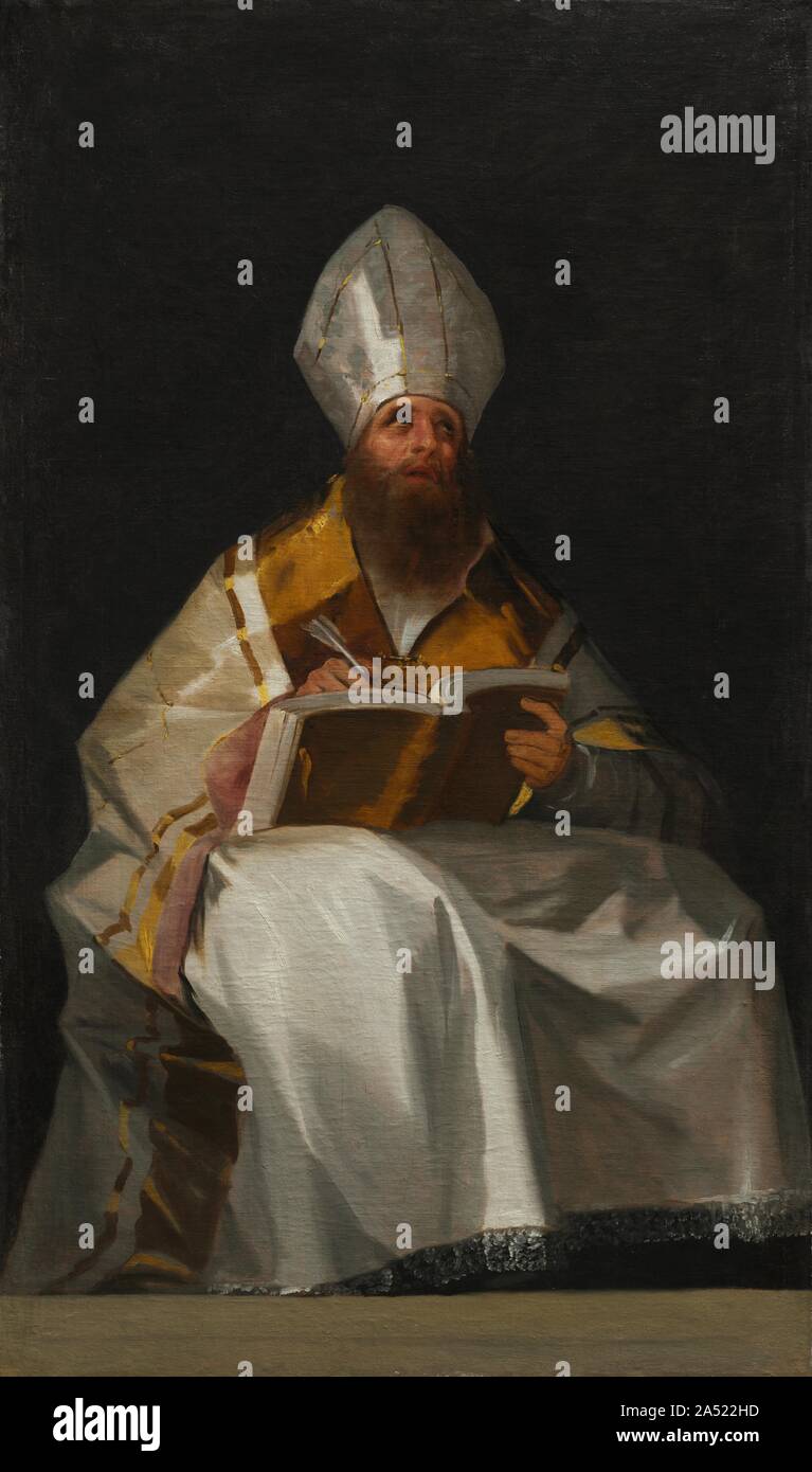 Sant'Ambrogio, c. 1796-1799. Questo lavoro appartiene a una serie raffigurante Ambrogio, Girolamo, Agostino e Gregorio, figure chiave dell inizio del Cattolicesimo. Sant'Ambrogio (circa ANNUNCIO 340-391), il vescovo di Milano, risolto importanti conflitti teologici all interno della chiesa ed ha lavorato efficacemente con i sostenitori del paganesimo romano. Il punto di vista bassa e larga scala suggeriscono che questo dipinto appeso in alto sulla parete di un istituto religioso, ma la sua posizione originale rimane sconosciuto. Nel tardo Settecento, Spagna espulsi tutti i gesuiti e ha scatenato una trasformazione della chiesa. Molti di questi riformatori ruotato indietro t Foto Stock