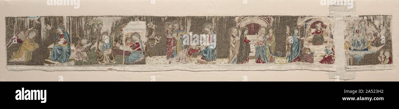 Scene della vita della Vergine, da un altare ricamato frontali, 1.330 s o 1340s. Firenze era rinomato per il ricamo fine durante il 1300s, ancora quasi nessuno è sopravvissuto. Questo pannello di rare originariamente appesi direttamente sopra un grande ricamo che decoravano la parte anteriore di un altare. Eseguito in un bellissimo stile lirico su una lussuosa gold-filo massa, la narrazione inizia con la Vergine&#x2019;s i genitori e la sua vita in anticipo, ora in Toledo Museum of Art&#x2019;s raccolta e prosegue qui con l'Annunciazione della Vergine, l'Adorazione dei pastori, l'Adorazione dei Magi, la pre Foto Stock