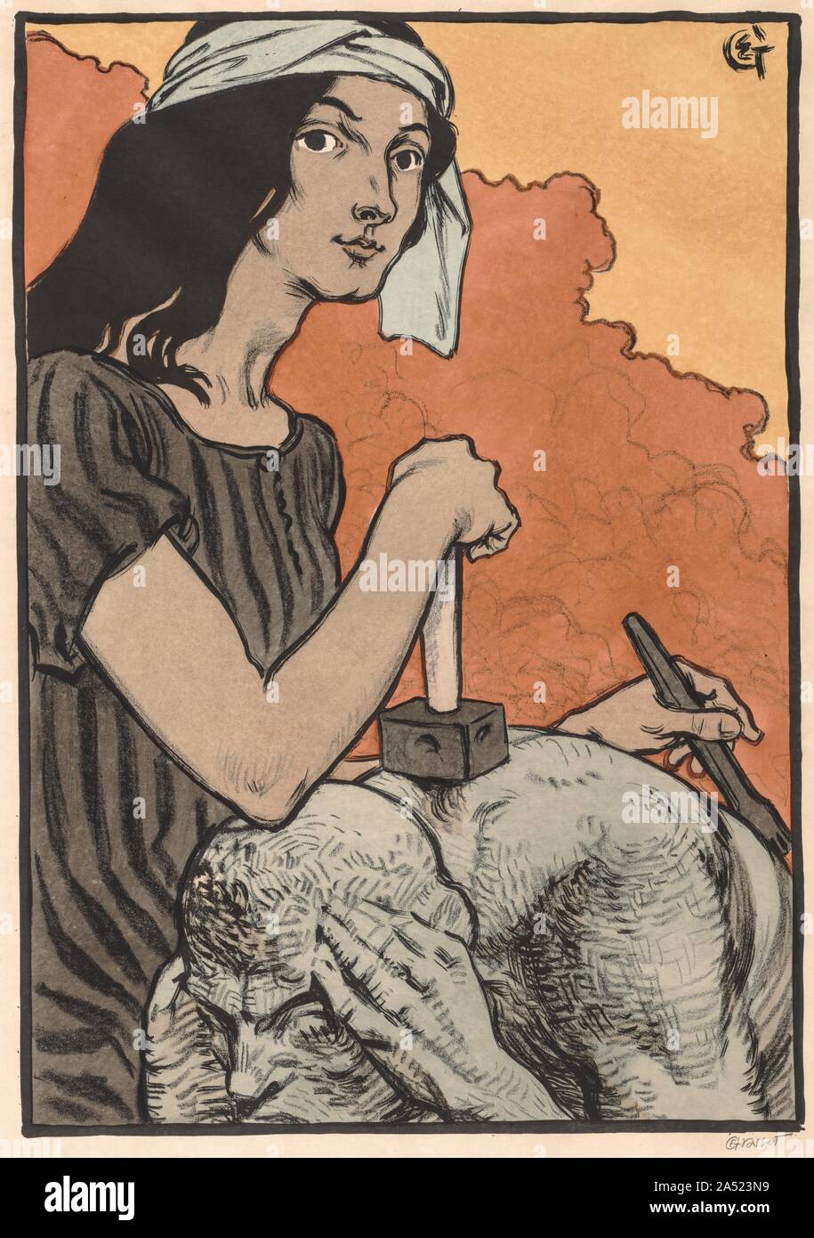 Scultrice, 1897. Grasset, fortemente influenzato dalla tecnica del Giappone, la Persia, e l'Egitto, creato disegni per vetrate, mobili, arazzi e tessuti. Questa femmina allegoria della scultura intendeva per un 1898 manifesto della mostra. Solo le aree nere e le linee sono state stampate. Piuttosto che utilizzare una pietra separata per la stampa di ogni colore, acquerello è stata applicata con l aiuto di uno stencil. Foto Stock
