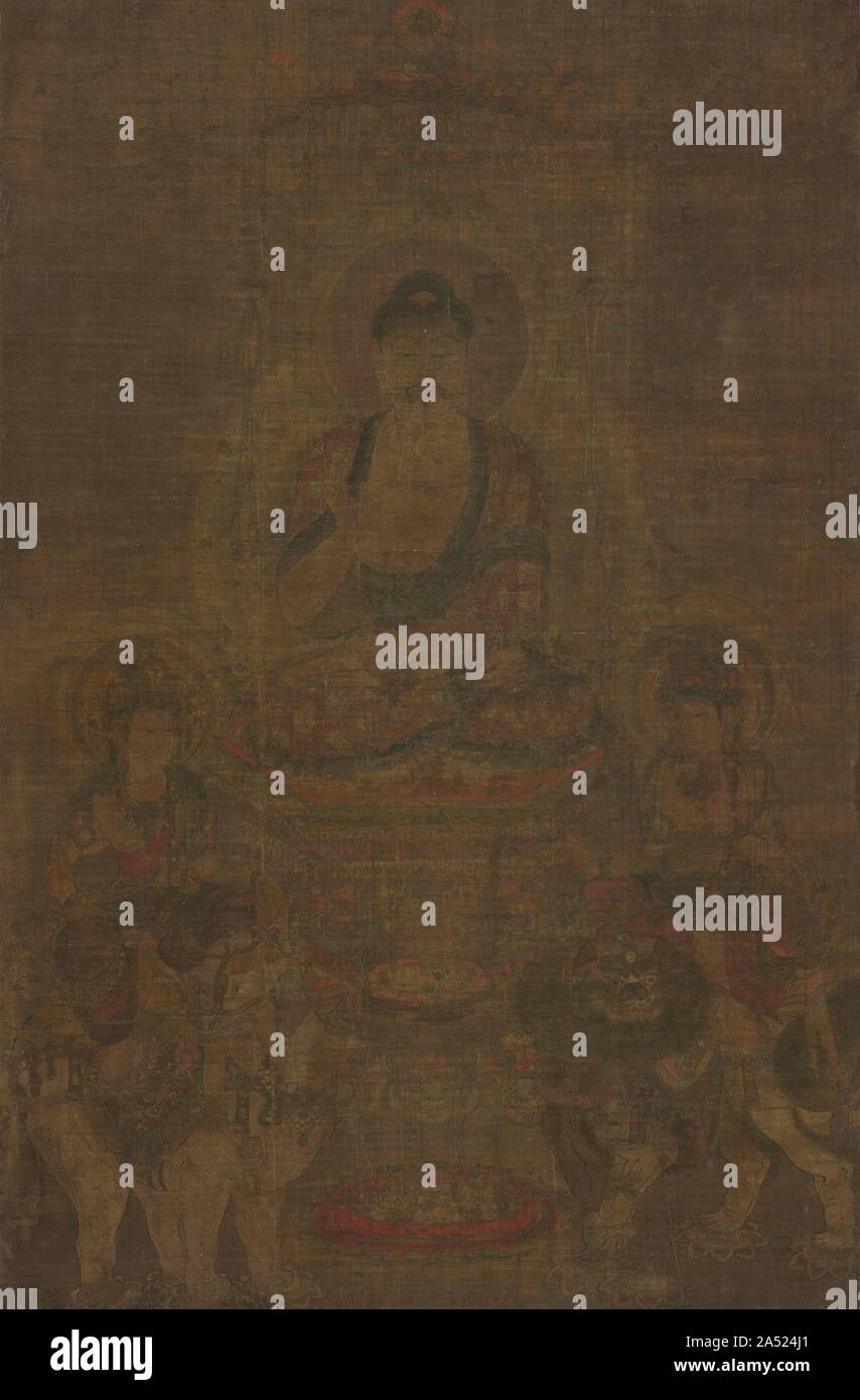 Triade di Shakyamuni Buddha: frequentato da Manjushri e Samantabhadra, c. 900. Foto Stock