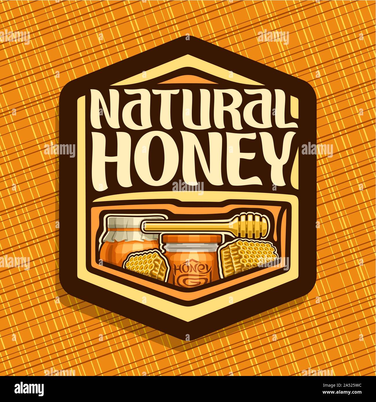 Il logo del vettore per il miele naturale, segno esagonale con cera Favo di miele, legno dipper stick, un barattolo di vetro e un vaso di miele ricoperta di carta cap, etichetta per packa Illustrazione Vettoriale