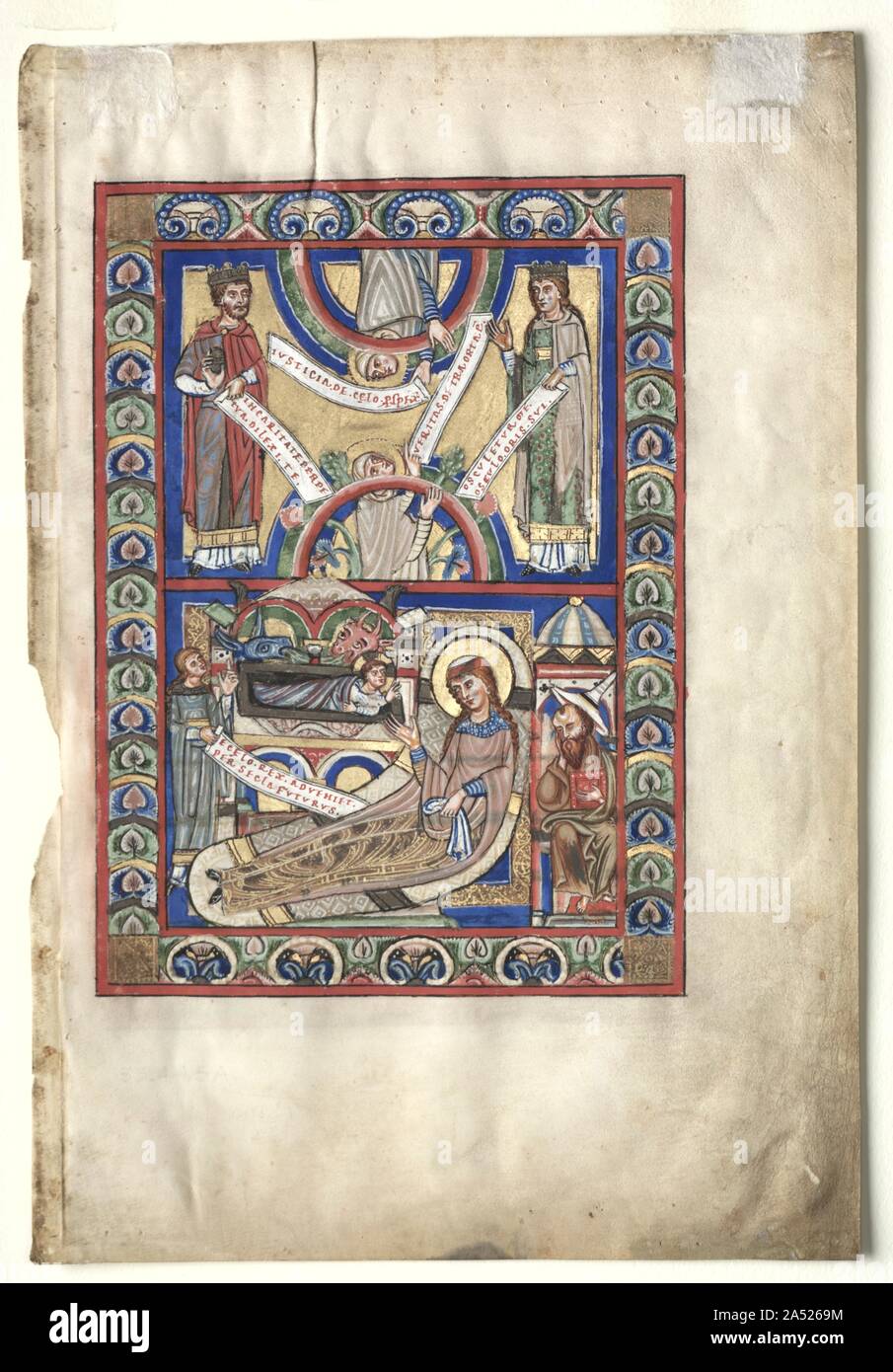 Unica foglia asportato da un Vangelo Libro: la Natività (recto), c. 1190. Questa foglia proviene da un volume che è conservata nella Cattedrale di Treviri Libreria in Germania (Codex 142). Foto Stock